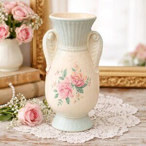 ROYAL COPLEY Vintage 1940s Ceramic Blue & Pink Double Handle Rose 7" Vase